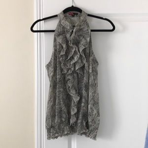 High-neck, black, grey and white pattern blouse